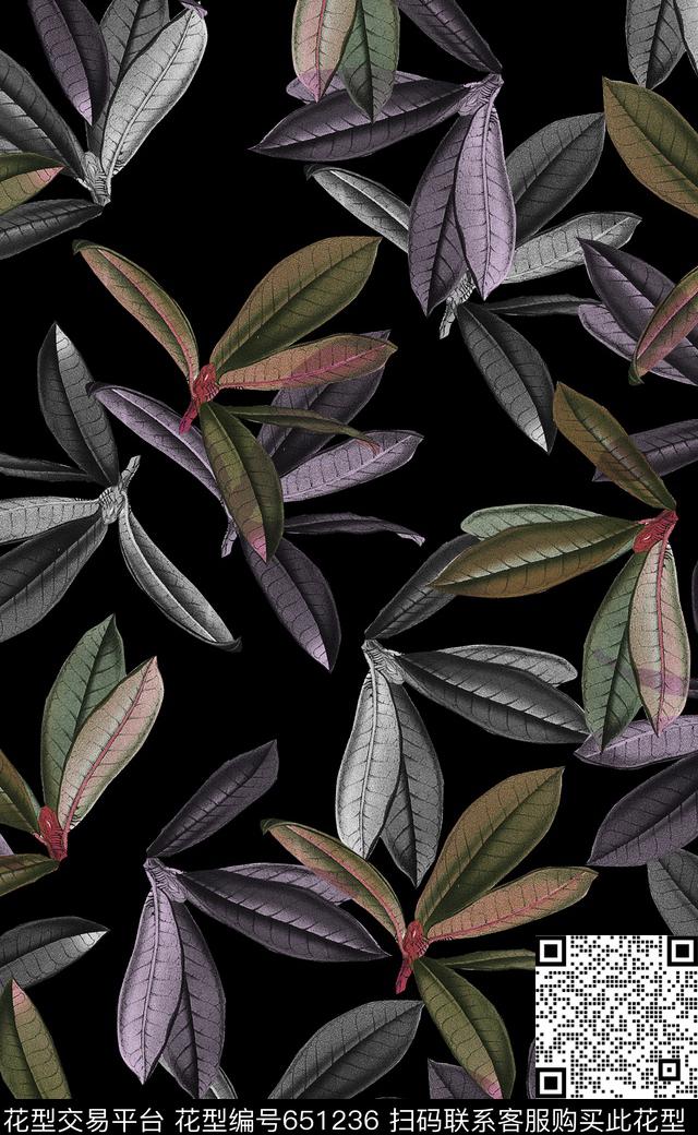 叶子复古花卉热带植物数码印花华亿平台下载（图片编号: 651236） - 瓦栏（Walan）