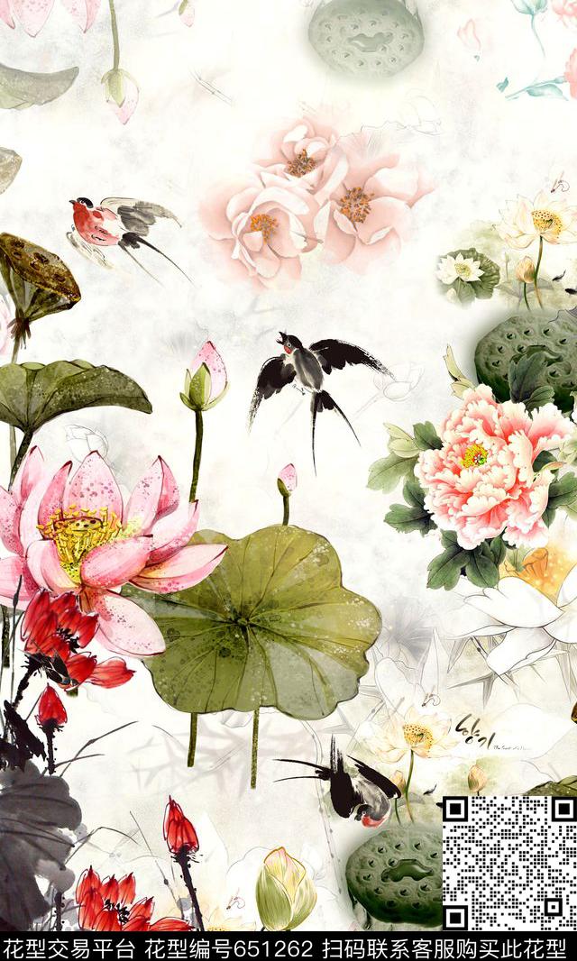 花卉定位水墨荷花中国风数码印花华亿平台下载（图片编号: 651262） - 瓦栏（Walan）