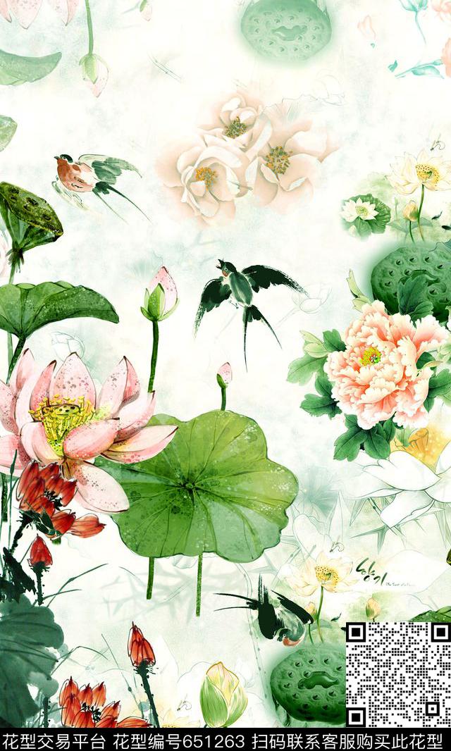 花卉定位水墨荷花中国风数码印花华亿平台下载（图片编号: 651263） - 瓦栏（Walan）