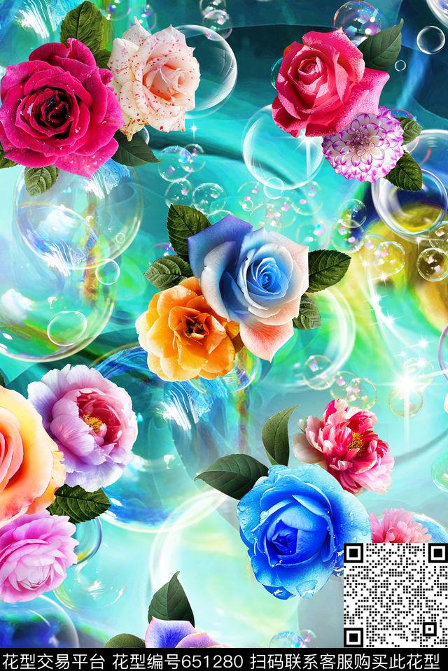 牡丹玫瑰花朵数码印花华亿平台下载（图片编号: 651280） - 瓦栏（Walan）