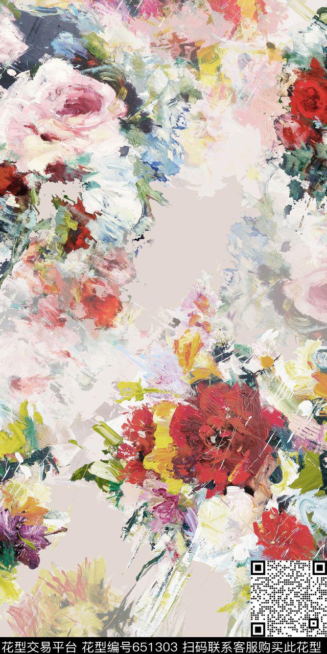 手绘花卉油画数码印花华亿平台下载（图片编号: 651303） - 瓦栏（Walan）
