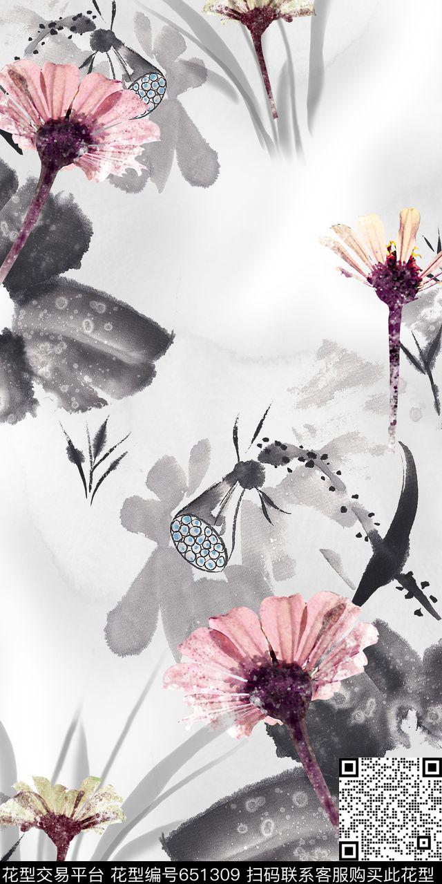 色彩花卉水墨数码印花华亿平台下载（图片编号: 651309） - 瓦栏（Walan）