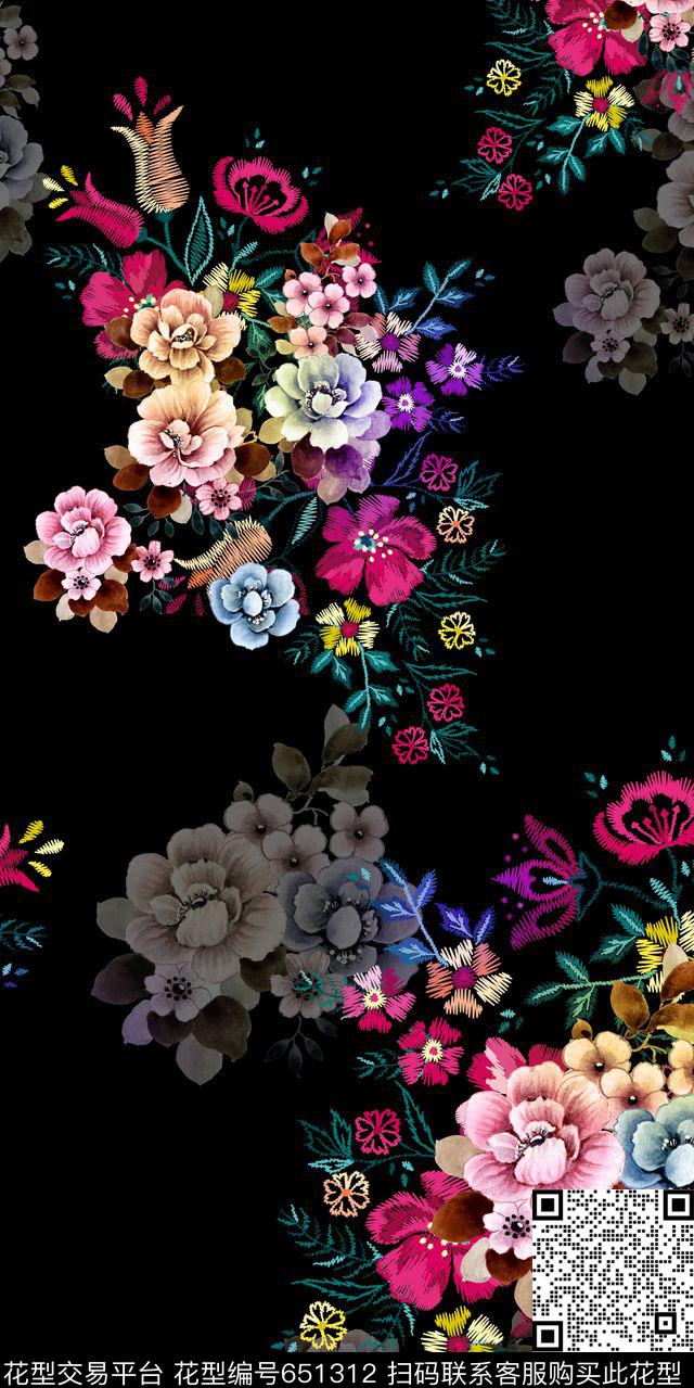色彩花卉手绘数码印花华亿平台下载（图片编号: 651312） - 瓦栏（Walan）