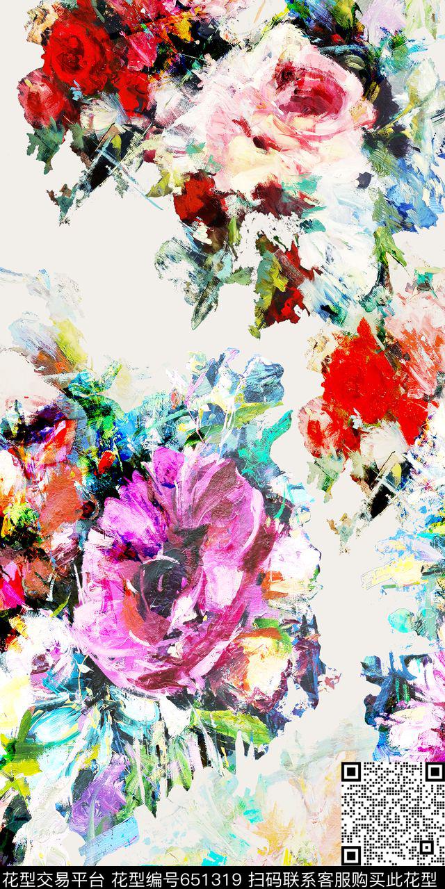 手绘花卉油画数码印花华亿平台下载（图片编号: 651319） - 瓦栏（Walan）