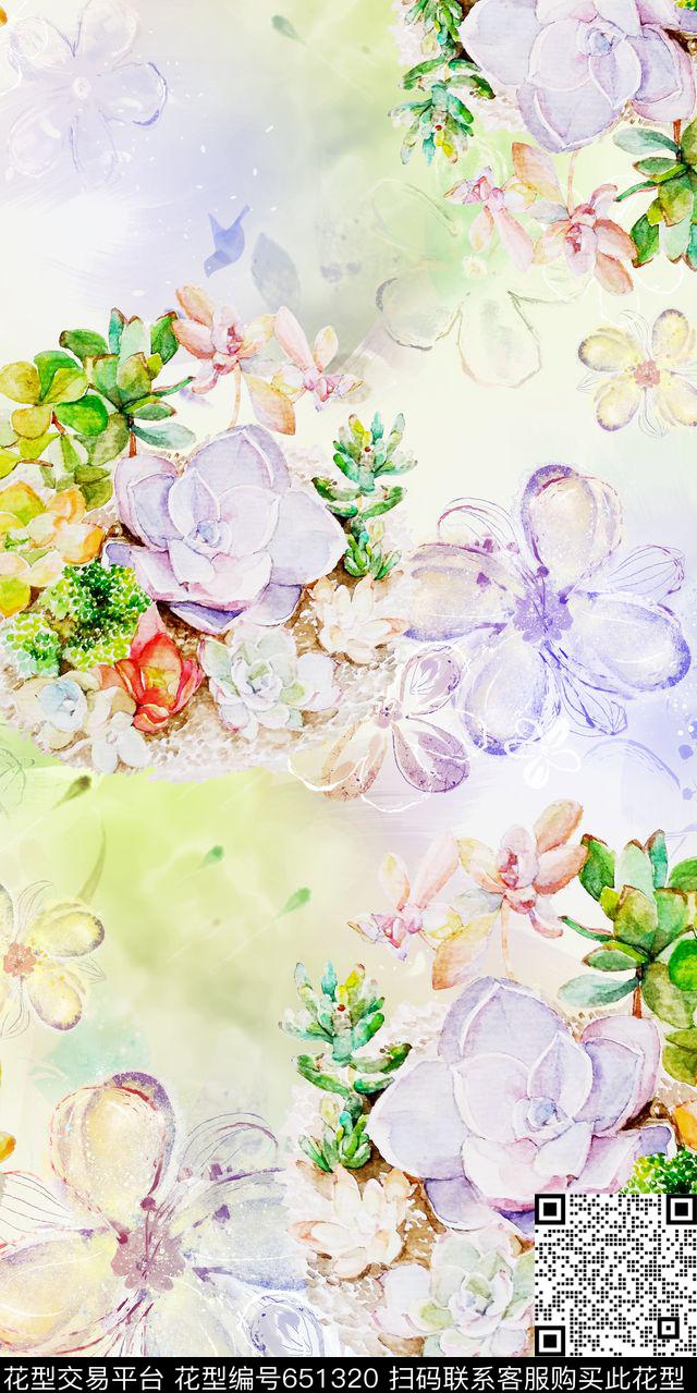 色彩花卉手绘数码印花华亿平台下载（图片编号: 651320） - 瓦栏（Walan）