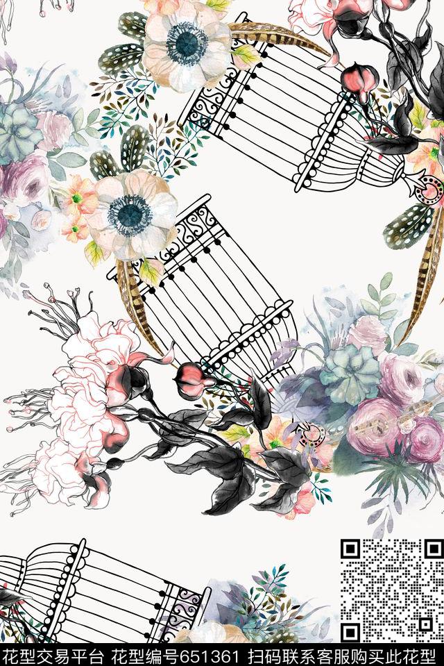 手绘花卉线描鸟笼数码印花华亿平台下载（图片编号: 651361） - 瓦栏（Walan）