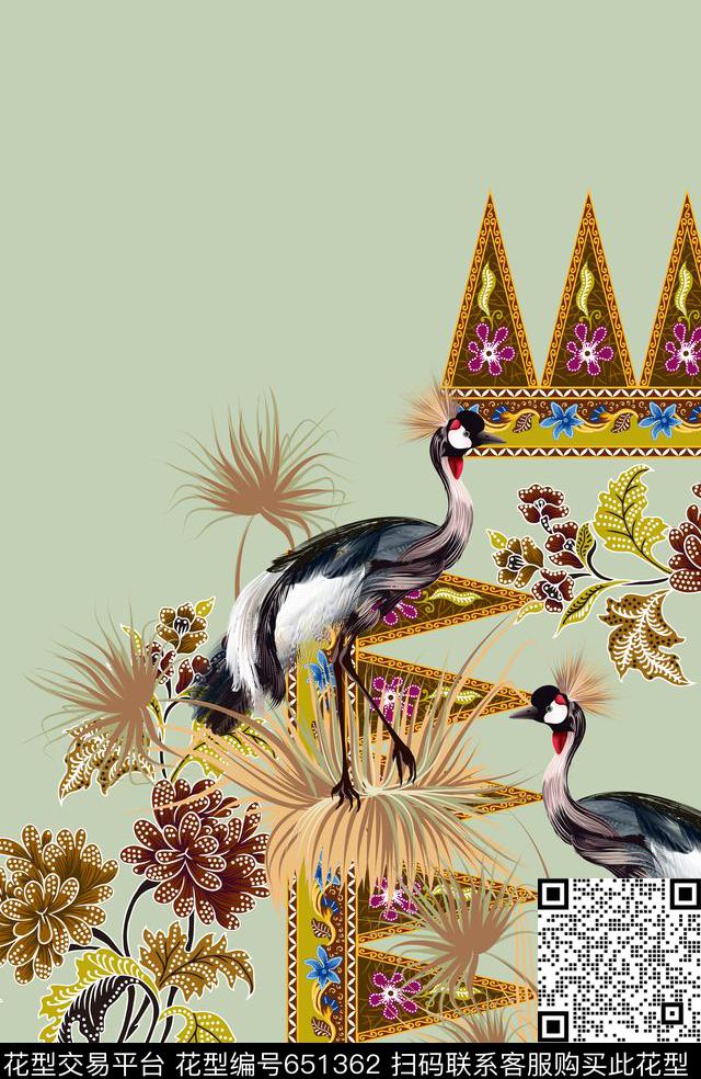 定位仙鹤花纹数码印花华亿平台下载（图片编号: 651362） - 瓦栏（Walan）