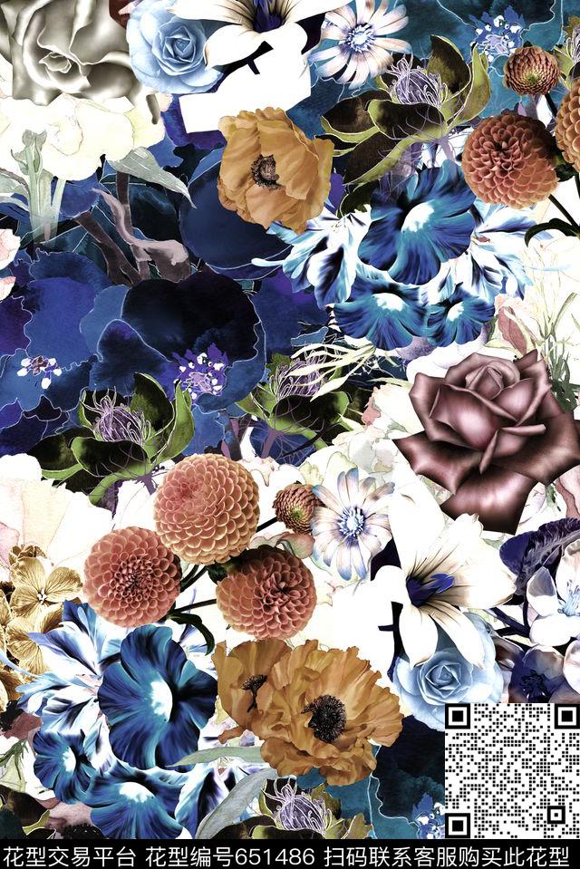 抽象手绘花卉数码印花华亿平台下载（图片编号: 651486） - 瓦栏（Walan）