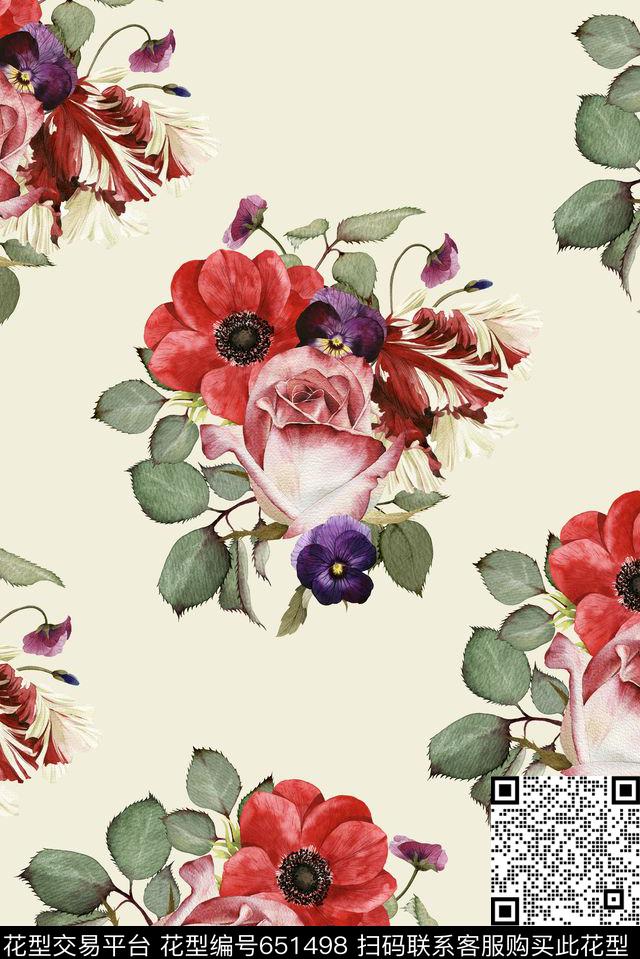 大朵手绘花卉数码印花华亿平台下载（图片编号: 651498） - 瓦栏（Walan）