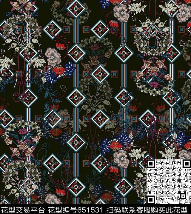 花朵散花几何传统印花华亿平台下载（图片编号: 651531） - 瓦栏（Walan）