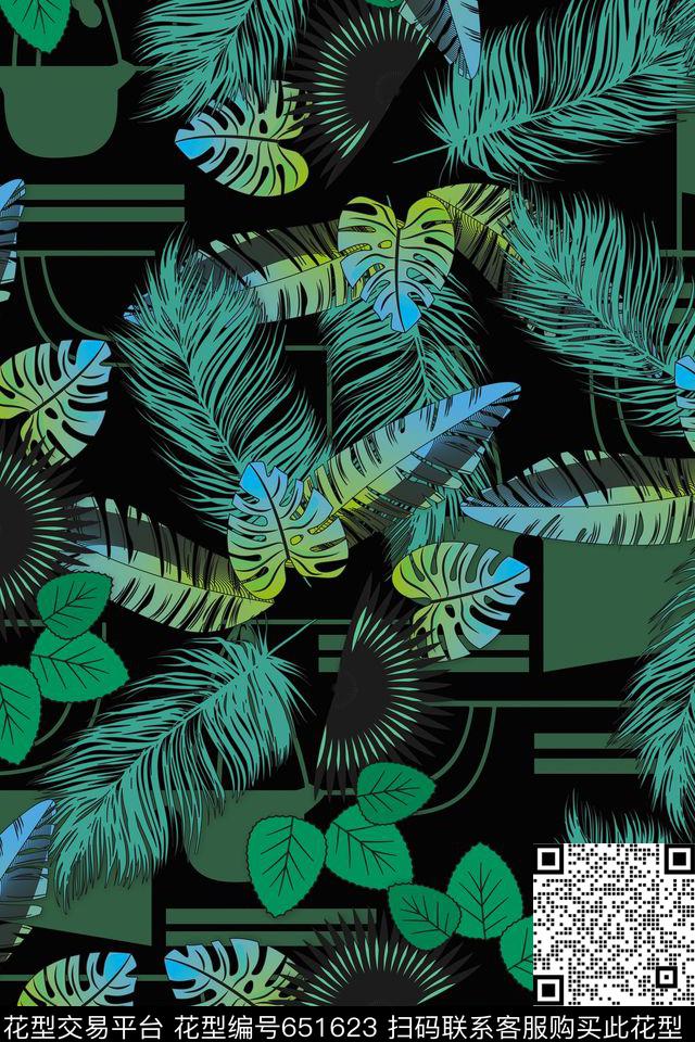 棕榈叶热带时尚数码印花华亿平台下载（图片编号: 651623） - 瓦栏（Walan）