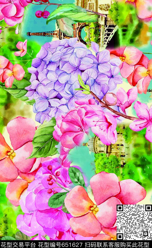 watercolorParisfloewrs数码印花华亿平台下载（图片编号: 651627） - 瓦栏（Walan）