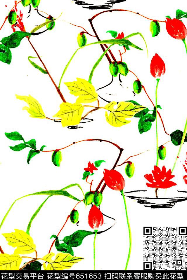 荷花水彩手绘数码印花华亿平台下载（图片编号: 651653） - 瓦栏（Walan）