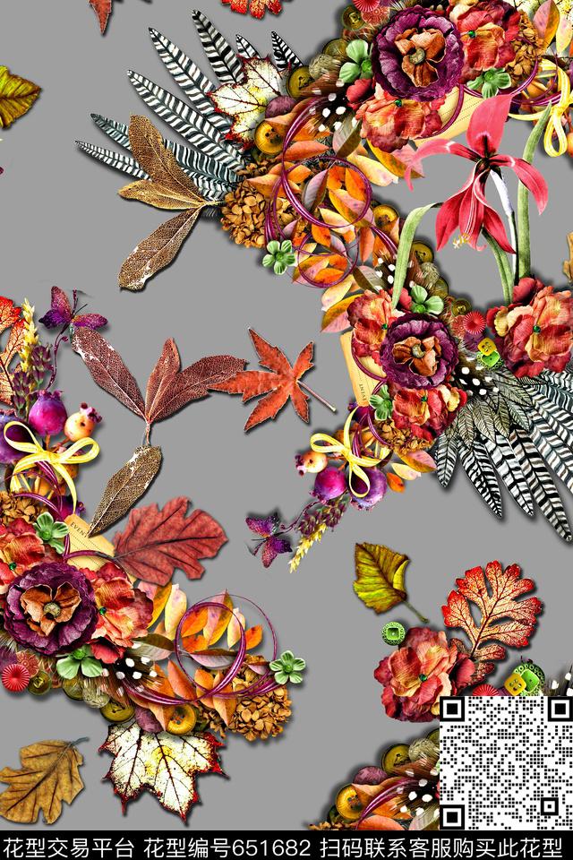 花卉羽毛叶子数码印花华亿平台下载（图片编号: 651682） - 瓦栏（Walan）