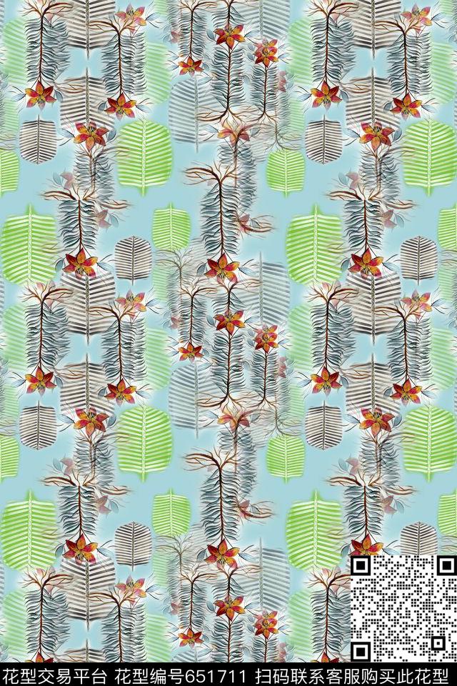 热带海滨度假棕榈叶叶子组合数码印花华亿平台下载（图片编号: 651711） - 瓦栏（Walan）