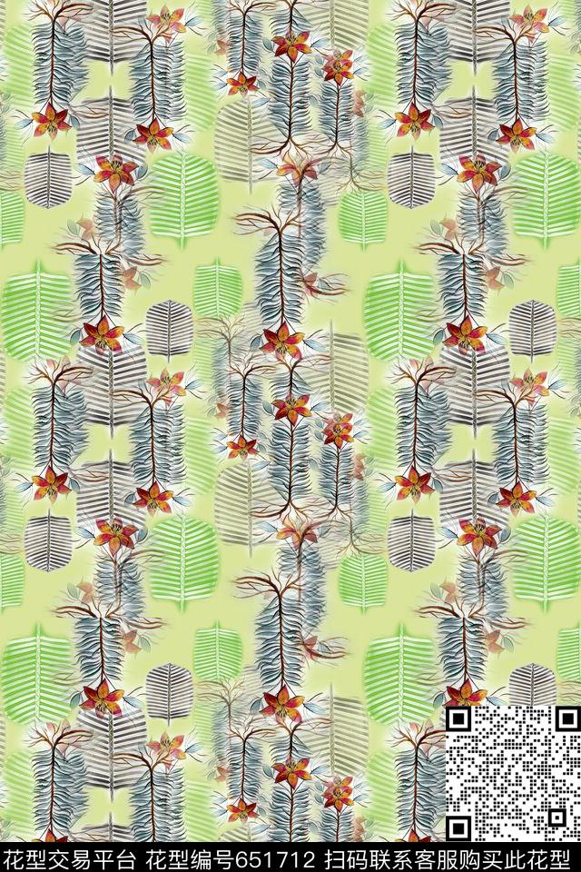 热带海滨度假棕榈叶叶子组合数码印花华亿平台下载（图片编号: 651712） - 瓦栏（Walan）