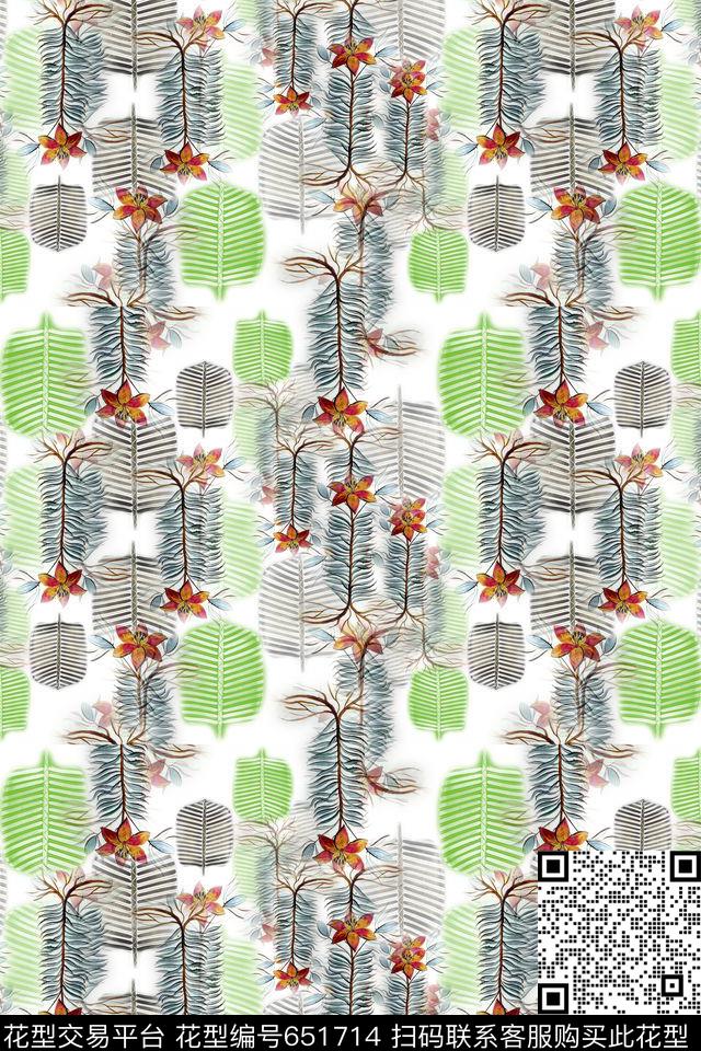 热带海滨度假棕榈叶叶子组合数码印花华亿平台下载（图片编号: 651714） - 瓦栏（Walan）