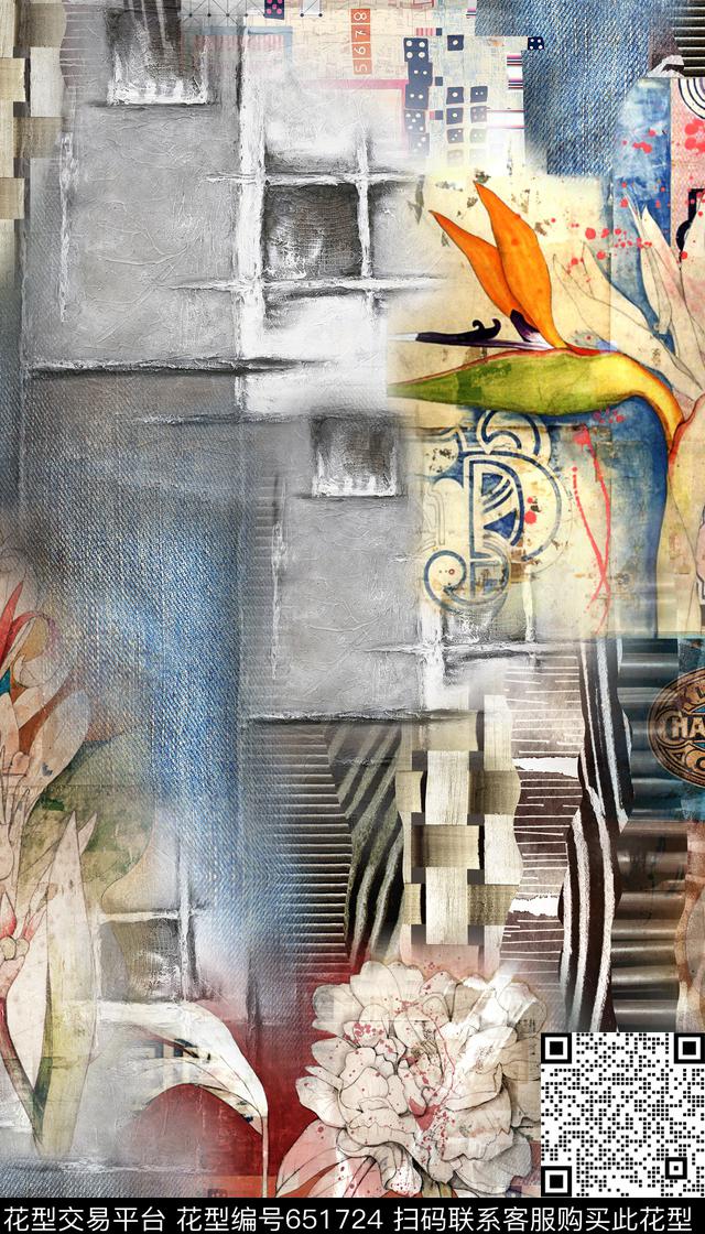 花卉几何油画数码印花华亿平台下载（图片编号: 651724） - 瓦栏（Walan）