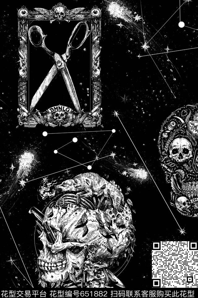 骷髅星空线条数码印花华亿平台下载（图片编号: 651882） - 瓦栏（Walan）