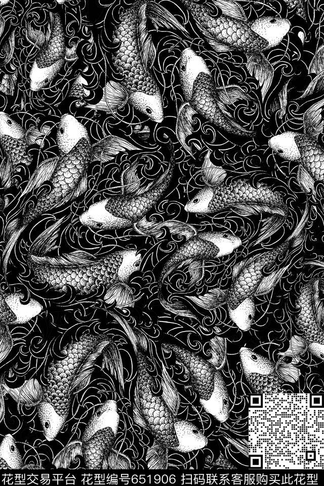 鱼休闲线条传统印花华亿平台下载（图片编号: 651906） - 瓦栏（Walan）