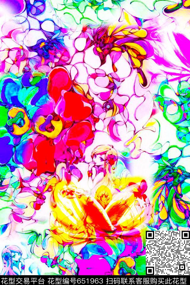 抽象油画女装花卉数码印花华亿平台下载（图片编号: 651963） - 瓦栏（Walan）