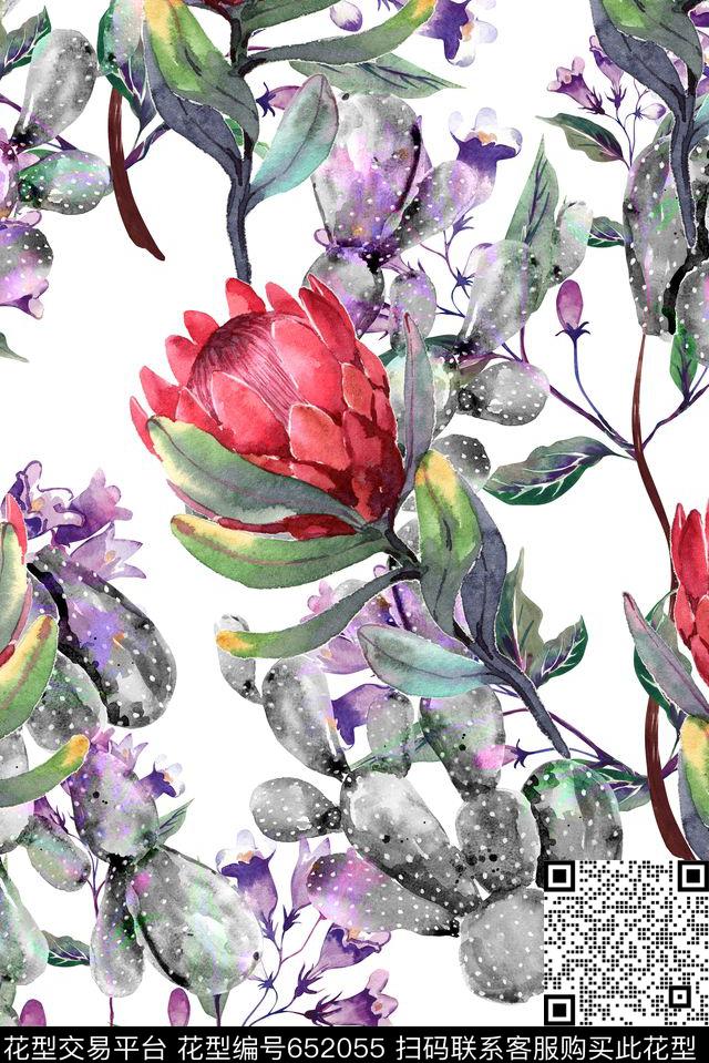 手绘花卉仙人掌数码印花华亿平台下载（图片编号: 652055） - 瓦栏（Walan）