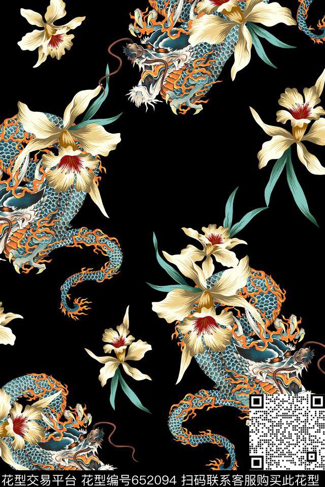 中国风龙花纹数码印花华亿平台下载（图片编号: 652094） - 瓦栏（Walan）