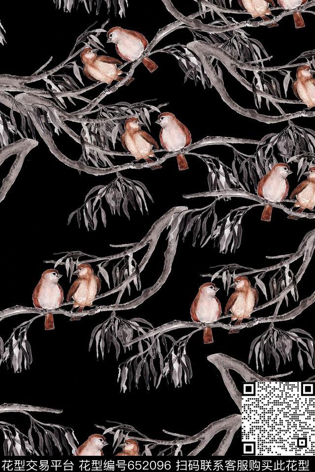 复古枯树枝鸟儿数码印花华亿平台下载（图片编号: 652096） - 瓦栏（Walan）