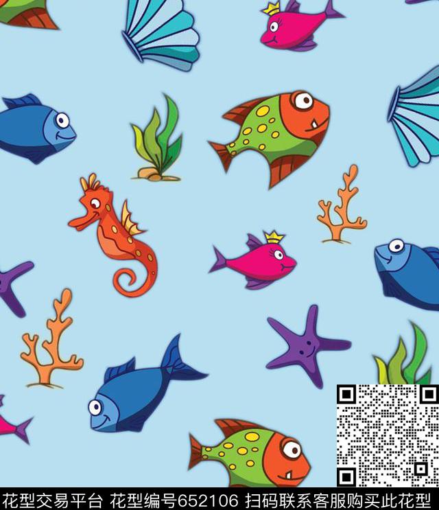 卡通鱼海星海马珊瑚海草海贝童装传统印花华亿平台下载（图片编号: 652106） - 瓦栏（Walan）