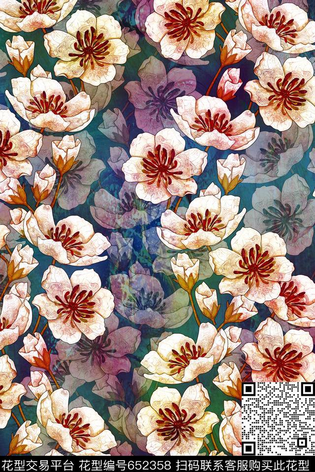 水彩花卉女装数码印花华亿平台下载（图片编号: 652358） - 瓦栏（Walan）