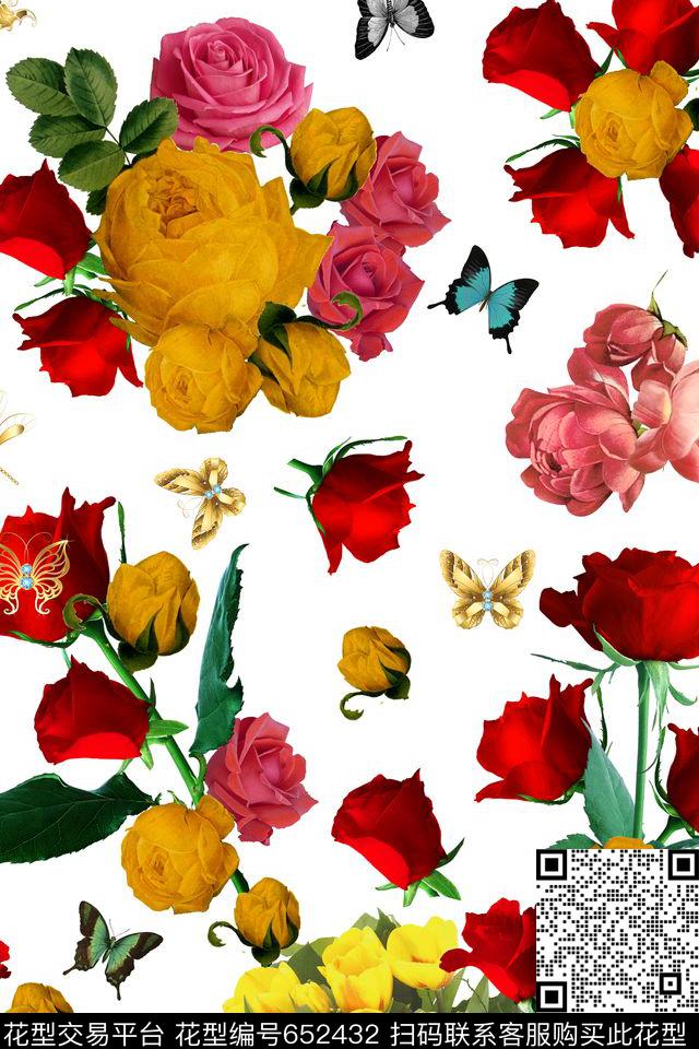 乱花玫瑰花朵数码印花华亿平台下载（图片编号: 652432） - 瓦栏（Walan）