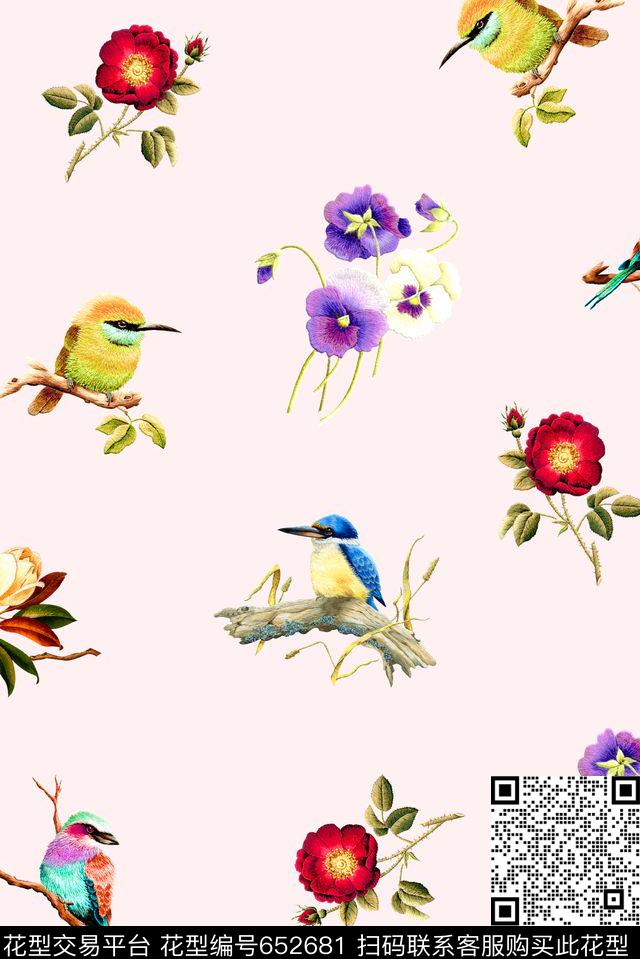 绣花小鸟小花数码印花华亿平台下载（图片编号: 652681） - 瓦栏（Walan）
