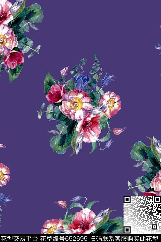 大朵手绘花卉数码印花华亿平台下载（图片编号: 652695） - 瓦栏（Walan）