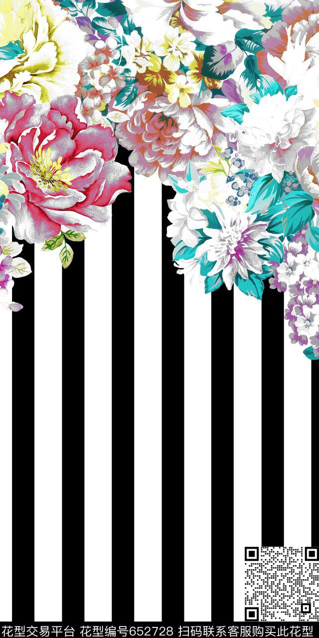 手绘花卉条纹数码印花华亿平台下载（图片编号: 652728） - 瓦栏（Walan）