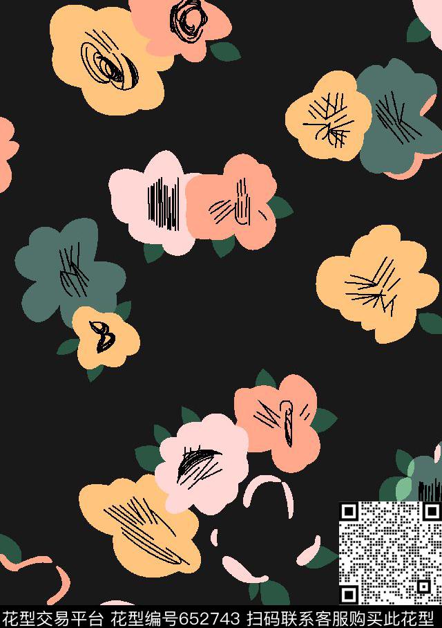 抽象花卉涂鸦传统印花华亿平台下载（图片编号: 652743） - 瓦栏（Walan）