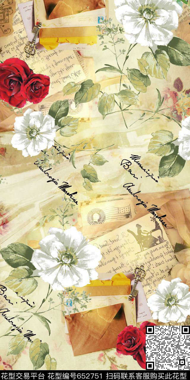 手绘花卉字母数码印花华亿平台下载（图片编号: 652751） - 瓦栏（Walan）