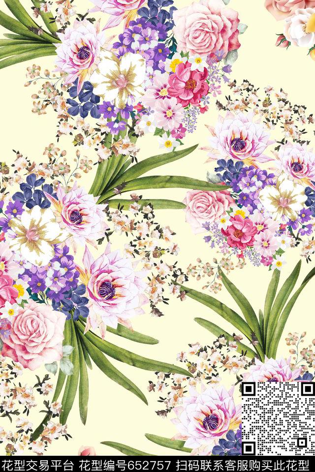 色彩手绘花朵数码印花华亿平台下载（图片编号: 652757） - 瓦栏（Walan）
