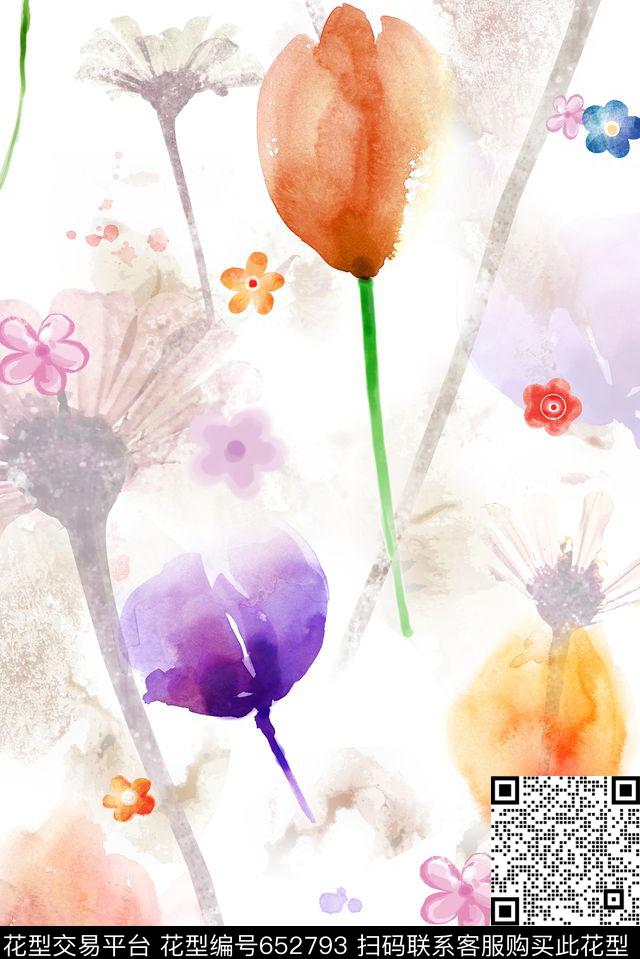 色彩花卉手绘数码印花华亿平台下载（图片编号: 652793） - 瓦栏（Walan）