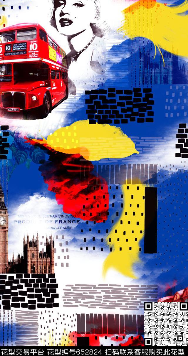 复古电车电话亭赫本头像数码印花华亿平台下载（图片编号: 652824） - 瓦栏（Walan）