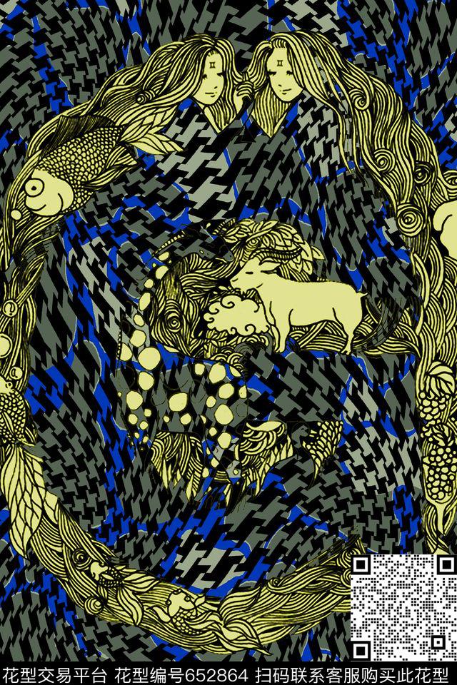 千鸟格螺旋G字母数码印花华亿平台下载（图片编号: 652864） - 瓦栏（Walan）