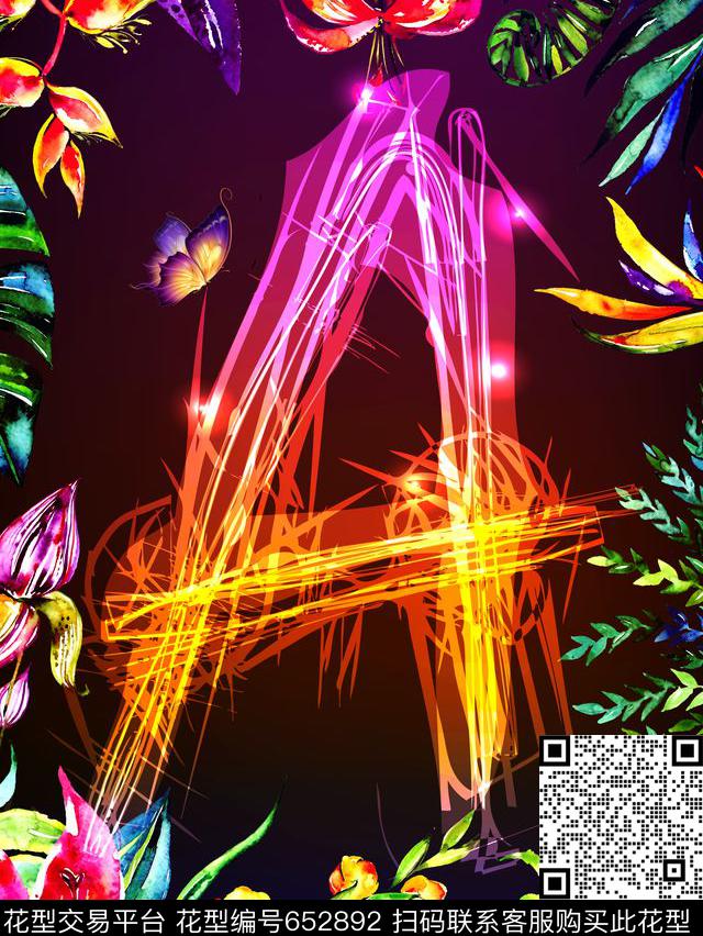 花卉字母蝴蝶数码印花华亿平台下载（图片编号: 652892） - 瓦栏（Walan）
