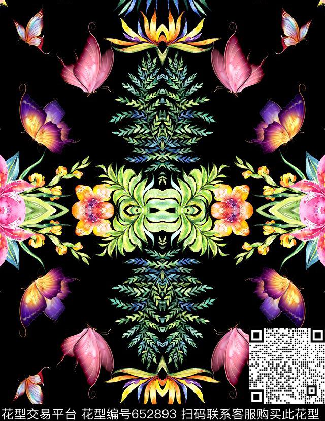 花卉蝴蝶春意盎然数码印花华亿平台下载（图片编号: 652893） - 瓦栏（Walan）