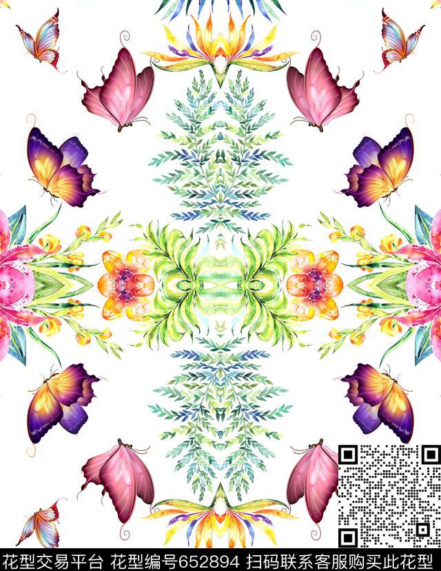 花卉蝴蝶春意盎然数码印花华亿平台下载（图片编号: 652894） - 瓦栏（Walan）