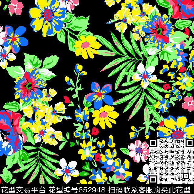花卉黑底中老年衣裙传统印花华亿平台下载（图片编号: 652948） - 瓦栏（Walan）