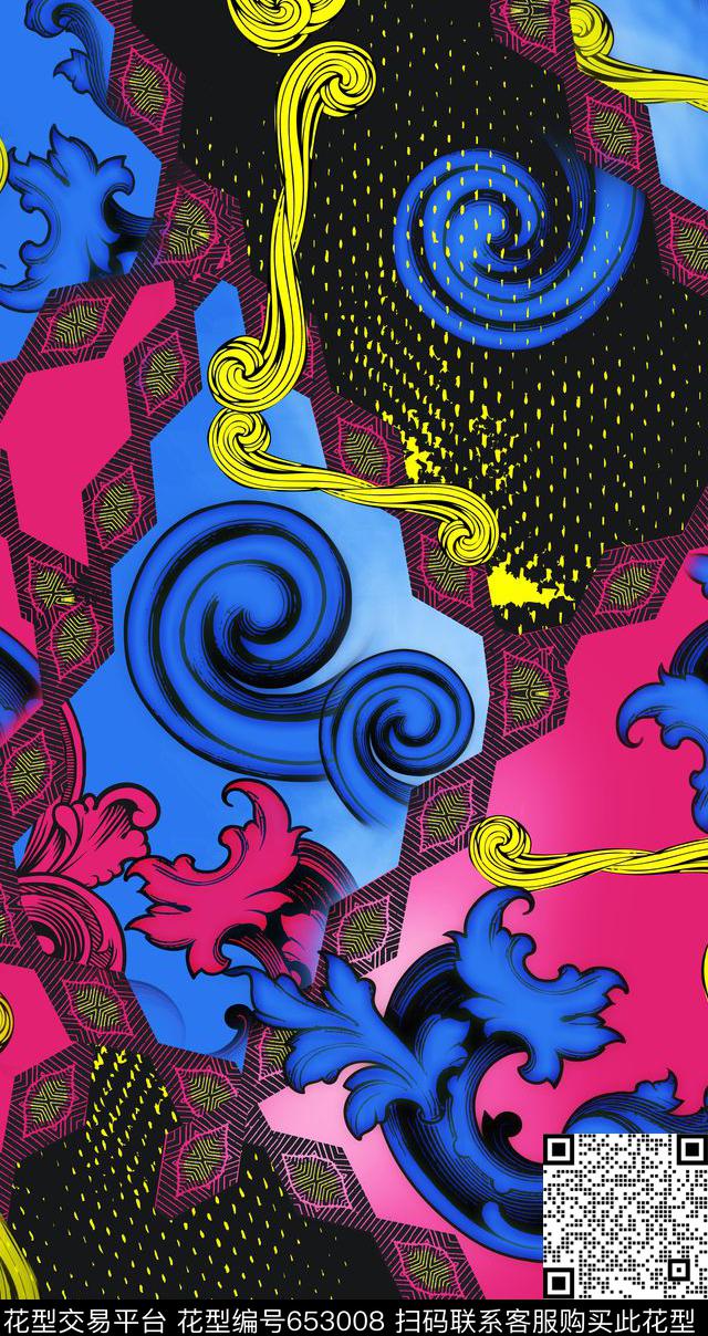 欧美时尚撞色拼块圆圈云纹暗纹数码印花华亿平台下载（图片编号: 653008） - 瓦栏（Walan）