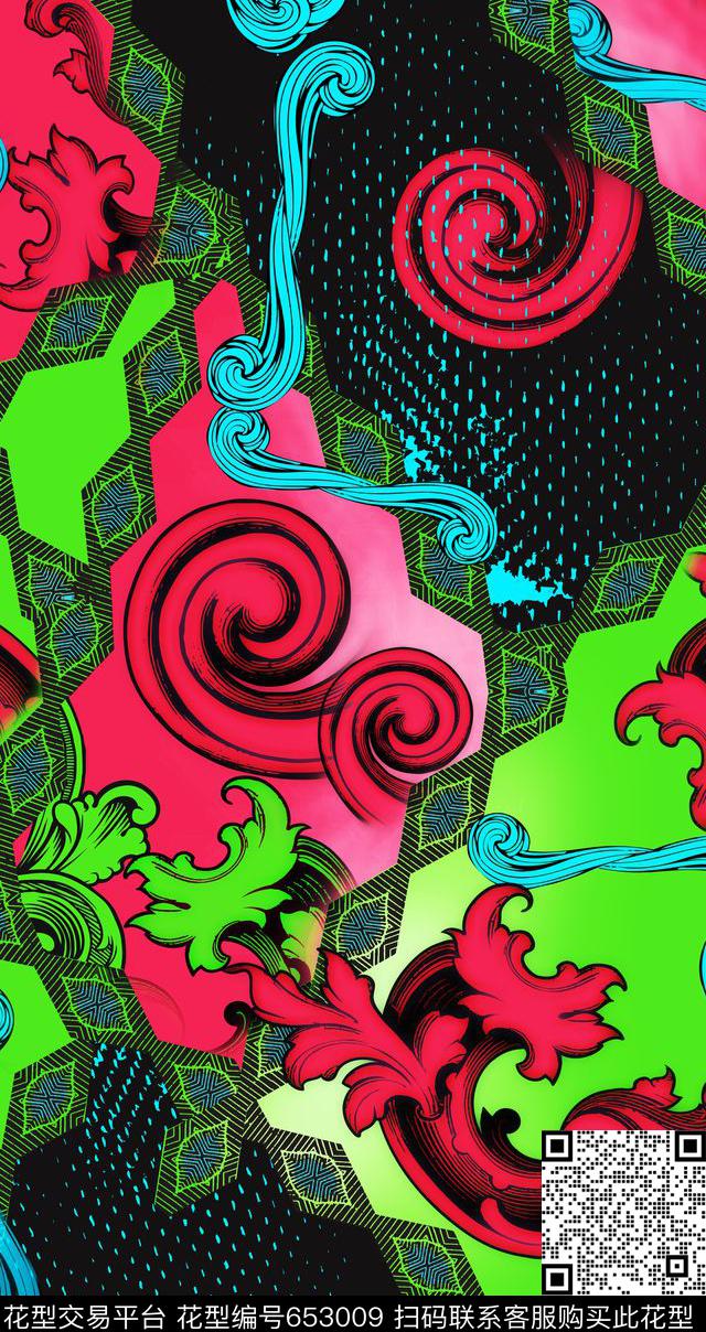 欧美时尚撞色拼块圆圈云纹暗纹数码印花华亿平台下载（图片编号: 653009） - 瓦栏（Walan）