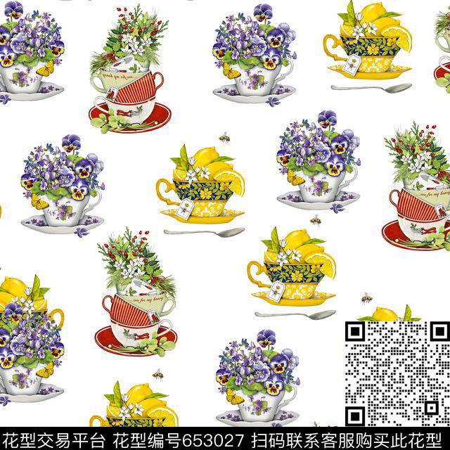 花卉杯子碟子柠檬碎花数码印花华亿平台下载（图片编号: 653027） - 瓦栏（Walan）
