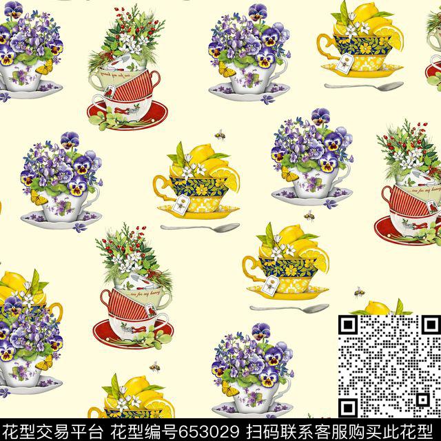 花卉杯子碟子柠檬碎花数码印花华亿平台下载（图片编号: 653029） - 瓦栏（Walan）