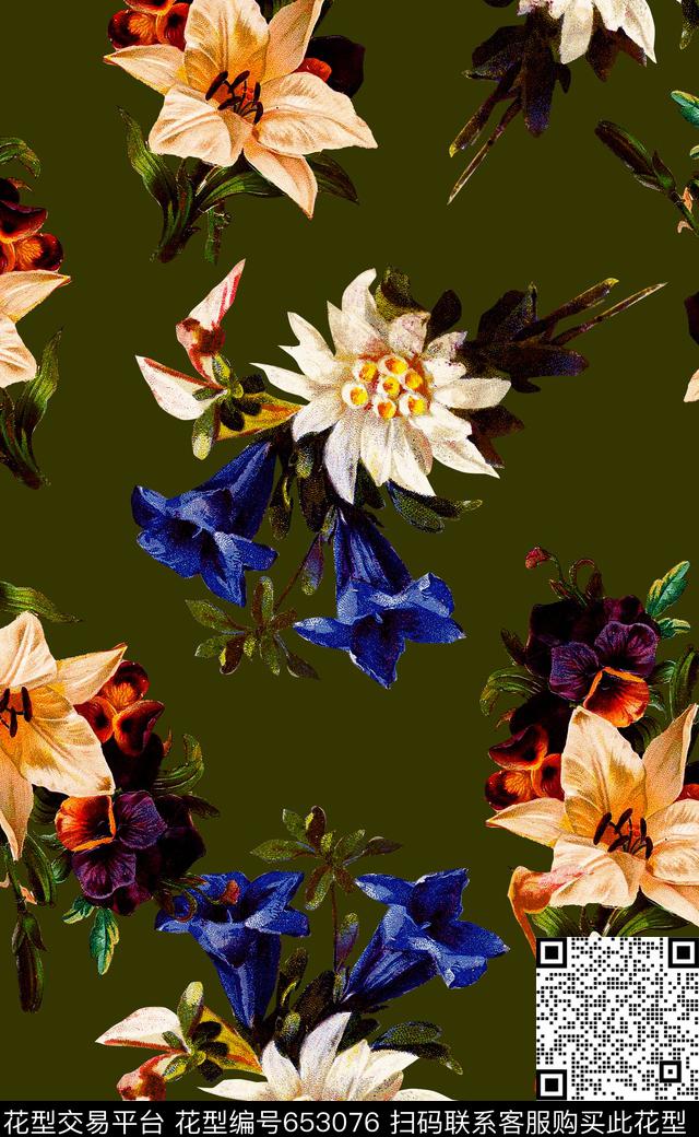 复古花卉手绘花卉数码印花数码印花华亿平台下载（图片编号: 653076） - 瓦栏（Walan）