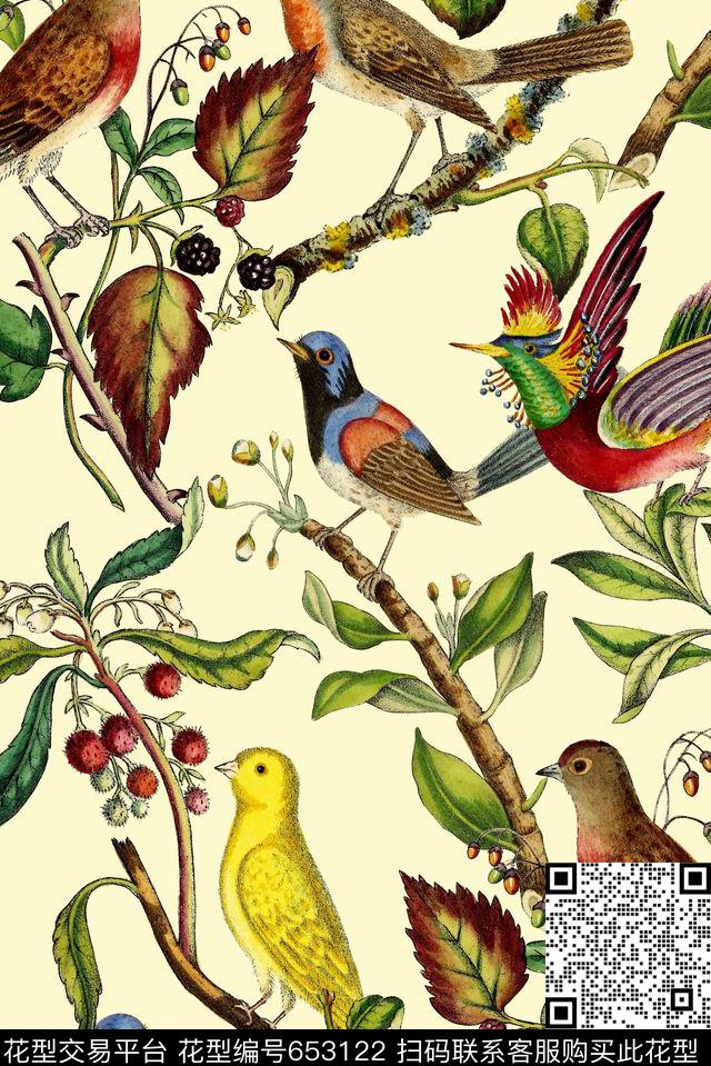树枝叶子鸟复古数码印花华亿平台下载（图片编号: 653122） - 瓦栏（Walan）
